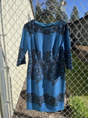Adrianna Papell Womens Blue Black Lace Print Sheath Dress 12 Wedding Event Midi